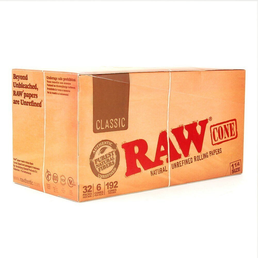 Full Box - Raw 1 1/4 Classic Cones - 6 per Pack - 32 Packs Display - greenmart.com.au