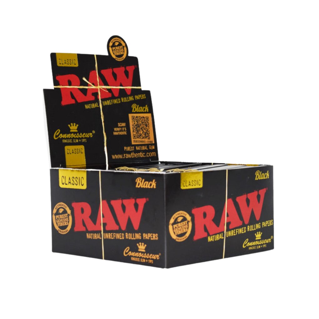 Full Box - RAW Black Connoisseur Regular King Size Slim Rolling Papers With Tips - greenmart.com.au
