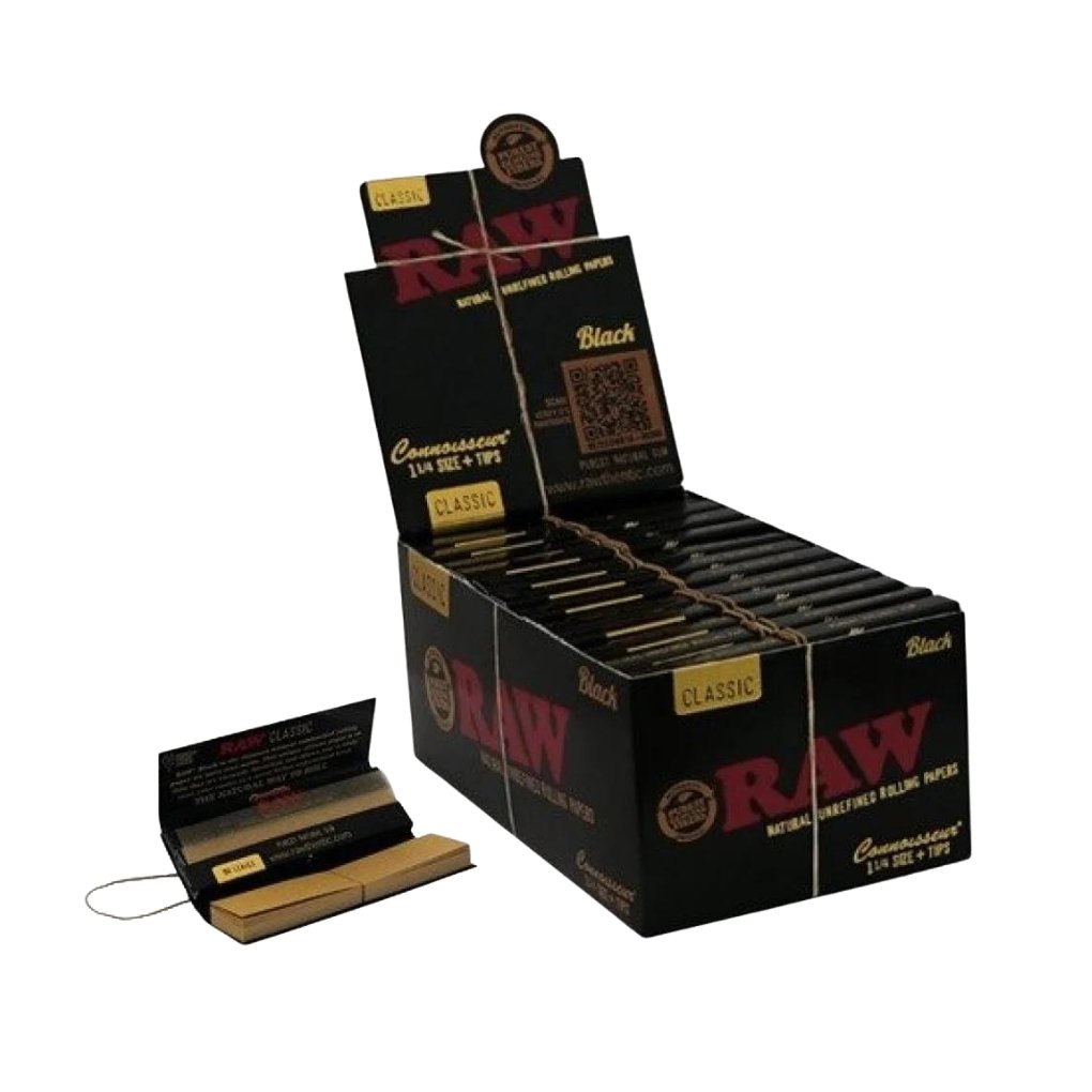 Full Box - RAW Classic Black Connoisseur Regular 1 1/4 Rolling Papers With Tips - greenmart.com.au