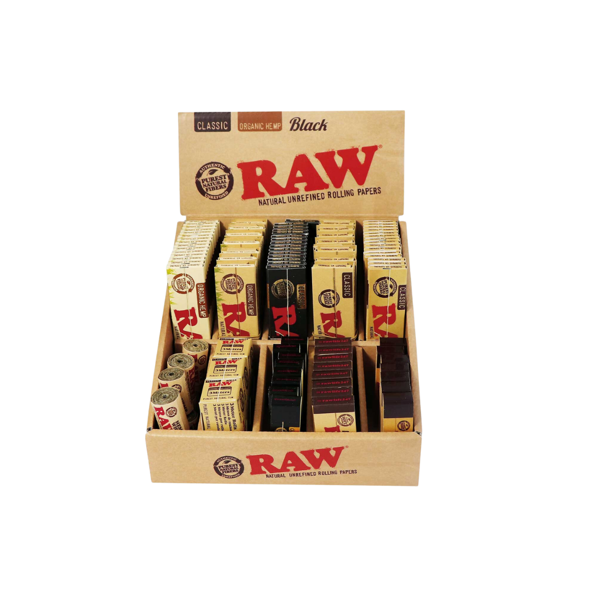 Raw Counter Top Display with Assorted Rolling Papers, Tips and Accessories