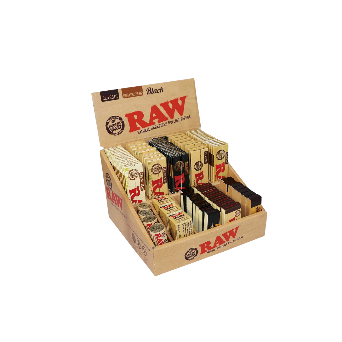 Raw Counter Top Display with Assorted Rolling Papers, Tips and Accessories