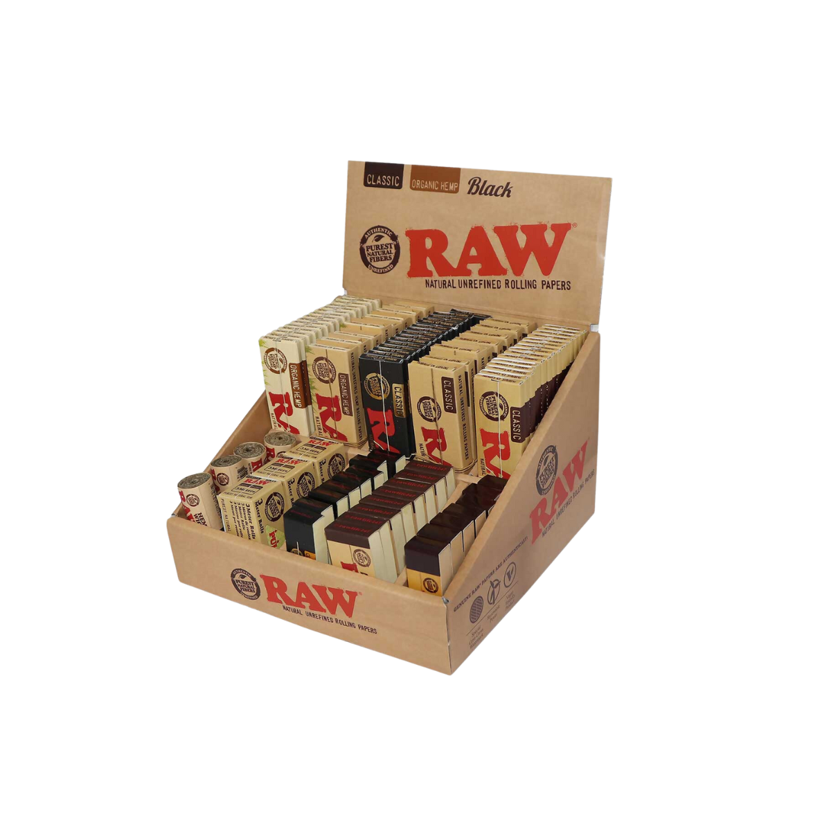 Raw Counter Top Display with Assorted Rolling Papers, Tips and Accessories